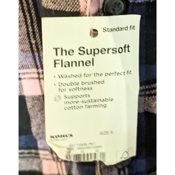 Sonoma Shirt Mens S Blue Pink Plaid Supersoft Flannel Button Down Western NWT - Picture 5 of 7